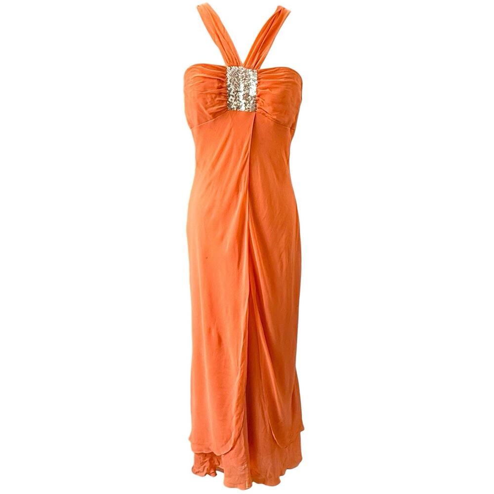 Vintage BCBG 100% Silk Coral Maxi Halter Sequin Evening Gown Dress Asymmetrical